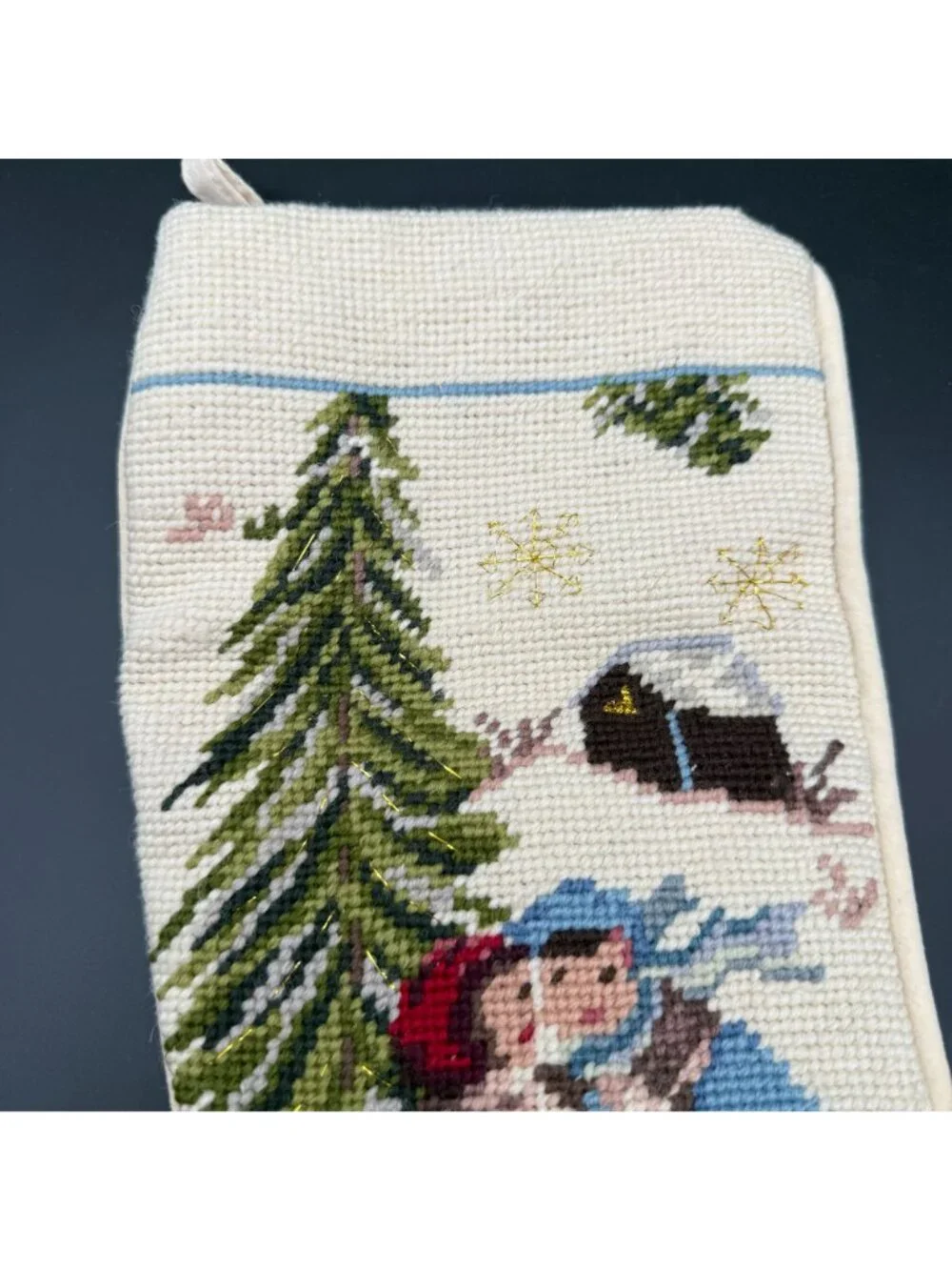 Vtg Needlepoint Christmas Stocking Victorian Carolers Winter Scene 20